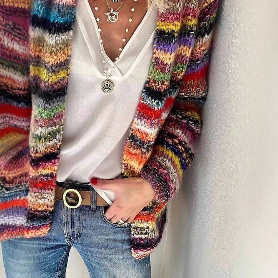 2024 autumn and winter Europe and the United States cross-border Amazon foreign trade loose-fitting comfortable leisure color women printed knitted cardigan women