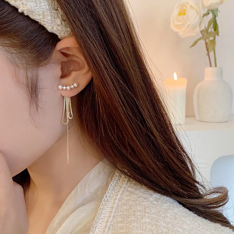 Two-piece zircon pearl chain tassel earrings for women South Korea personalized simple all-match temperament ear studs earrings