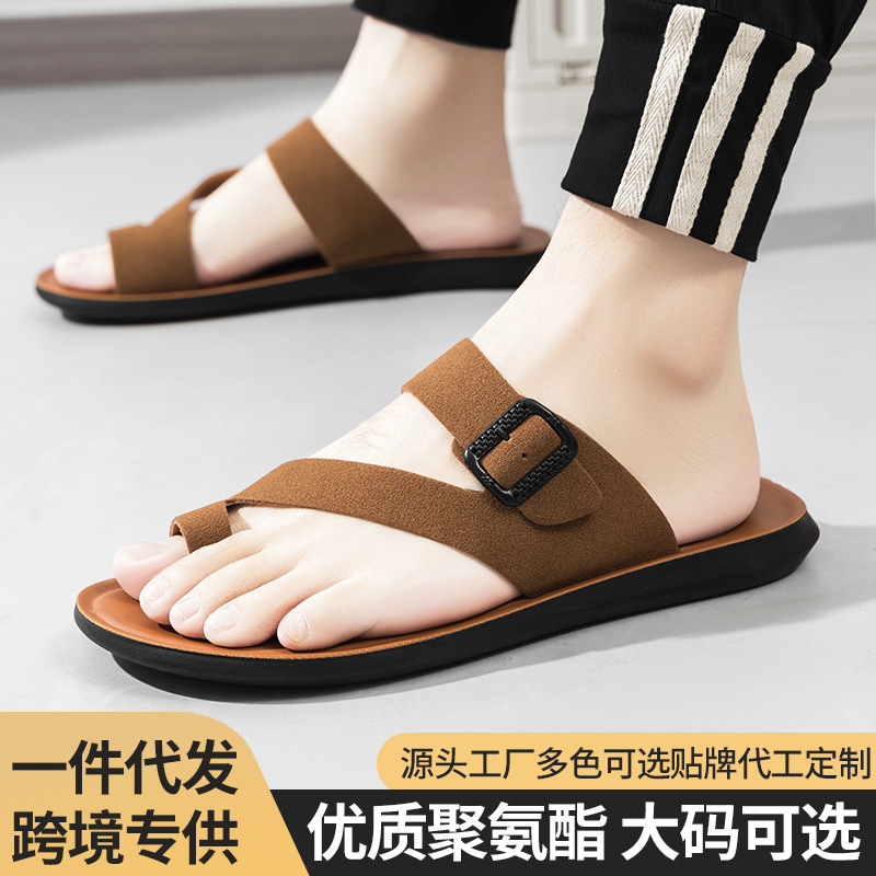 Cross-Border Large Size Men's Slippers Open-Toe Buckle Slippers Men's Outdoor Flip-Flops Source Factory Ready Stock One Piece Direct Delivery