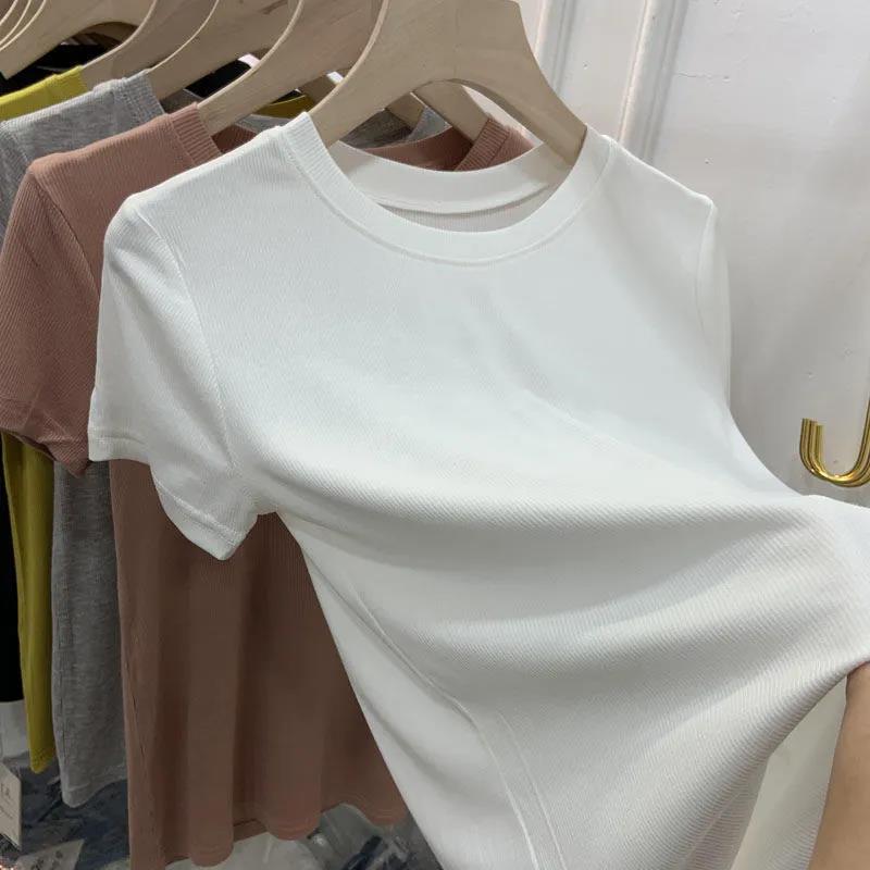 Picture of Ice Silk Thread White T-Shirt Women's Short-sleeved Summer New Slim-fit Solid Color All-match Base Shirt Thin Top Ins Trendy