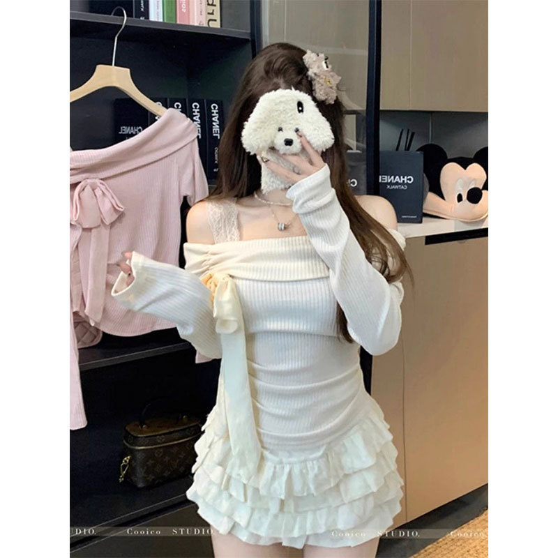 French-style off-shoulder bow lace-up long-sleeve sweater women's autumn and winter slim-fit off-shoulder inner base shirt top