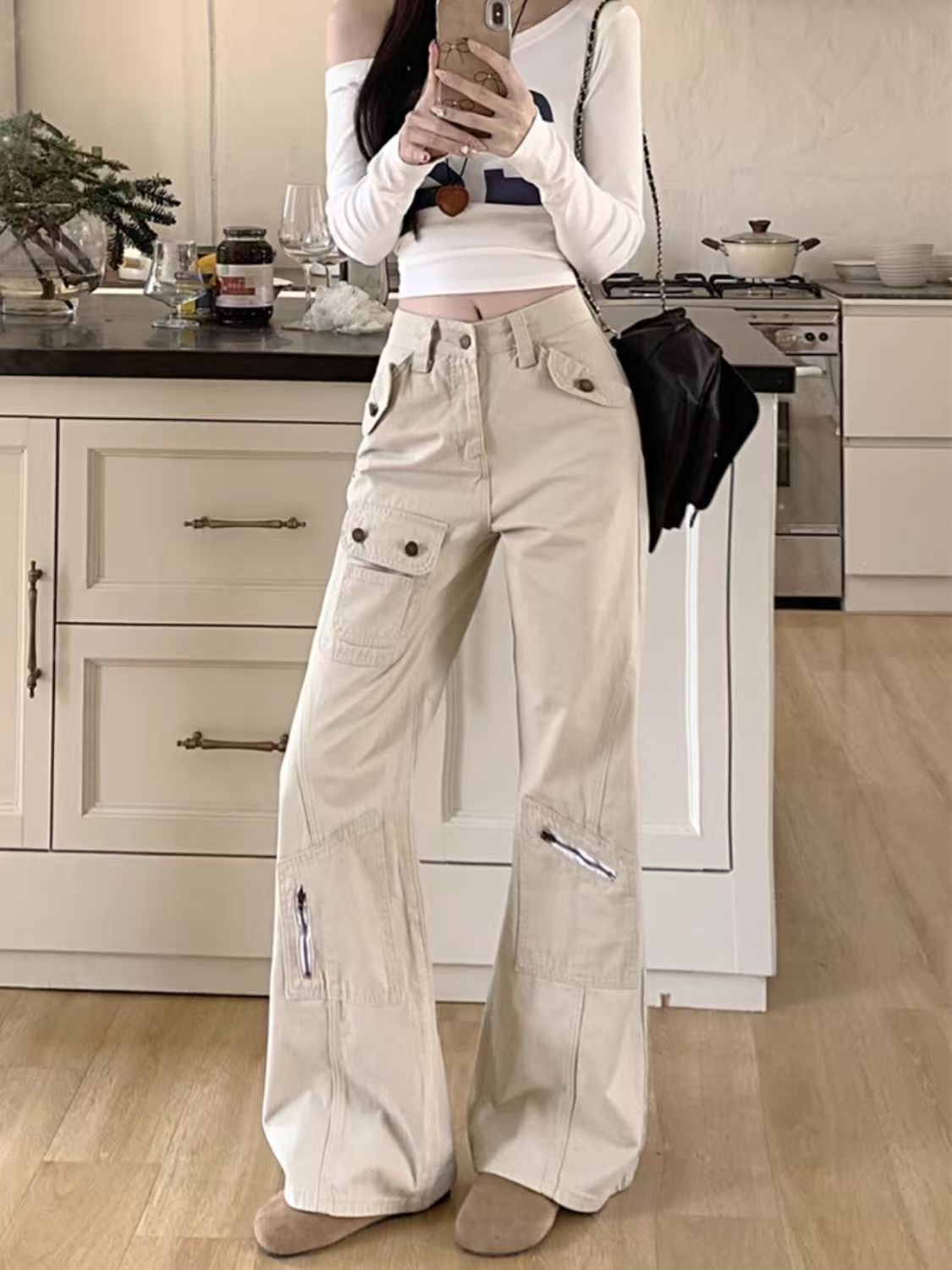 American-Style Workwear Denim Flared Pants for Women 2025 Spring, Autumn, Winter New Slimming Multi-Pocket Design Floor-Length Bell-Bottom Pants