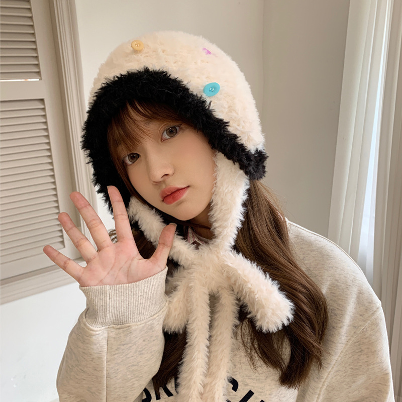 Picture of Autumn and Winter New fleece-lined Furry Lei Feng Hat Women's Bib Hat One-piece Cap Thickened Bear Ear Cap