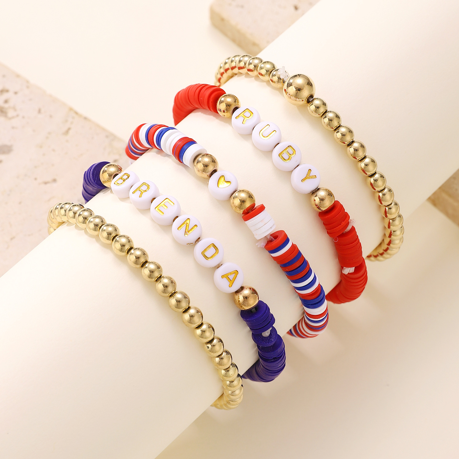Picture of American Independence Day Bracelet suit Soft Pottery Beaded Letter Bow Love Personalized Fashion Multi-layer Bracelet for Women