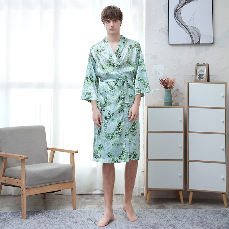 Picture of Couple ice silk bathrobe women's summer thin digital printing artificial silk nightgown men's plus size pajamas spring and autumn