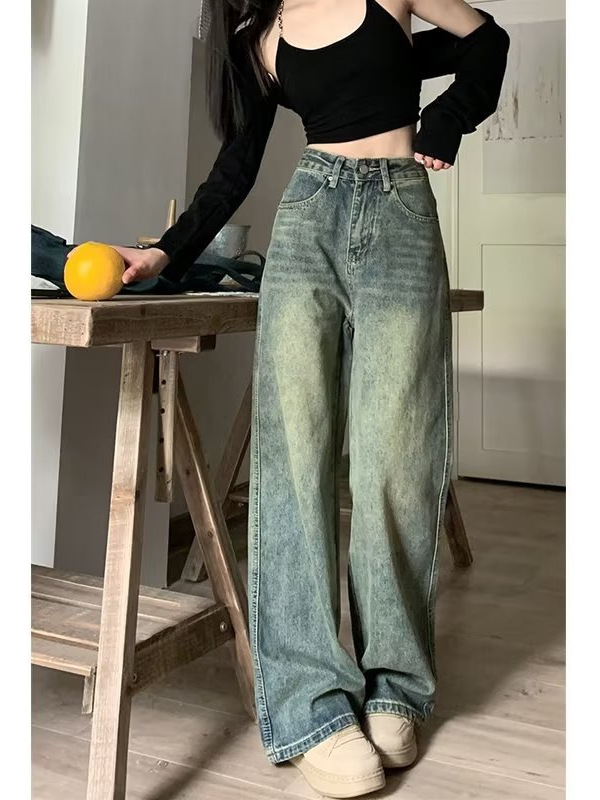 Cross-Border 2025 American Retro Washed Distressed Jeans Summer High-Waisted Slim Wide-Leg Pants Straight Pants for Women