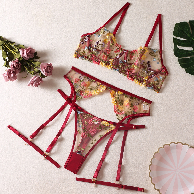 Picture of New ins Internet Celebrity Summer Small Floral Bra Panties Garter Belt Sexy Underwear Three-piece Set Foreign Trade Supply
