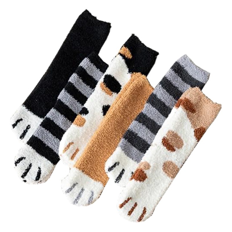 Winter Thickeneded Plush Coral Velvet Mid-Tube Confinement Socks Cute and Sweet Cartoon Cat Paw Home Floor Socks