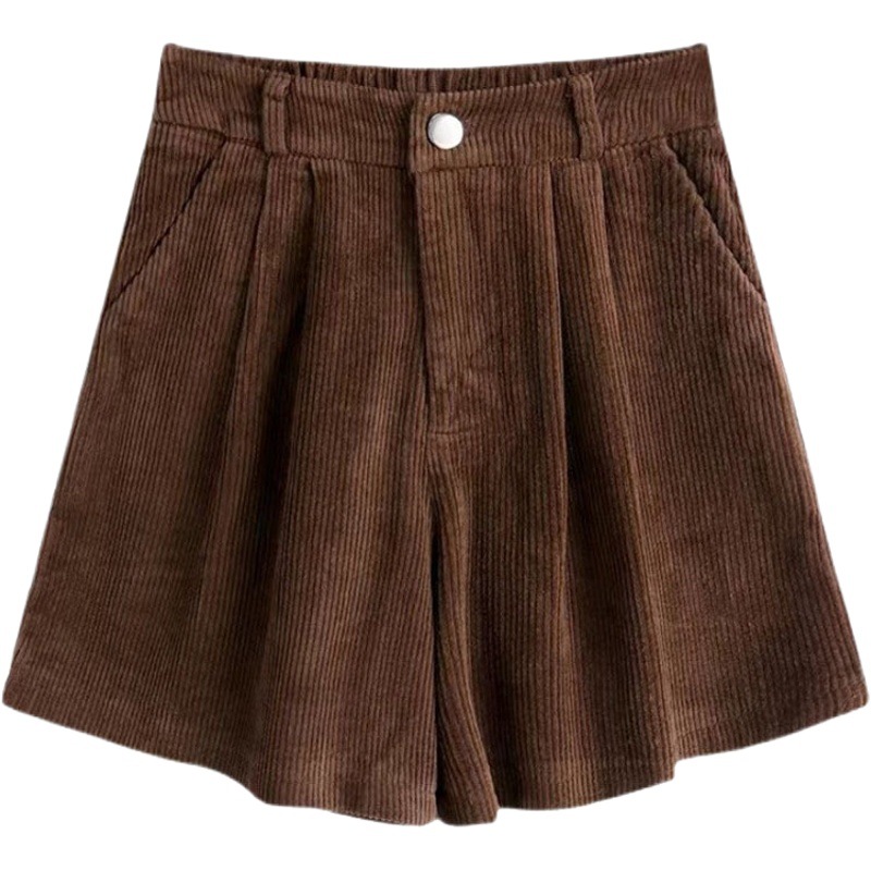 2023 New Arrival Autumn and Winter Wear Casual Pants Women's High Waist Slimming Hong Kong Style Corduroy Loose Wide-leg Shorts