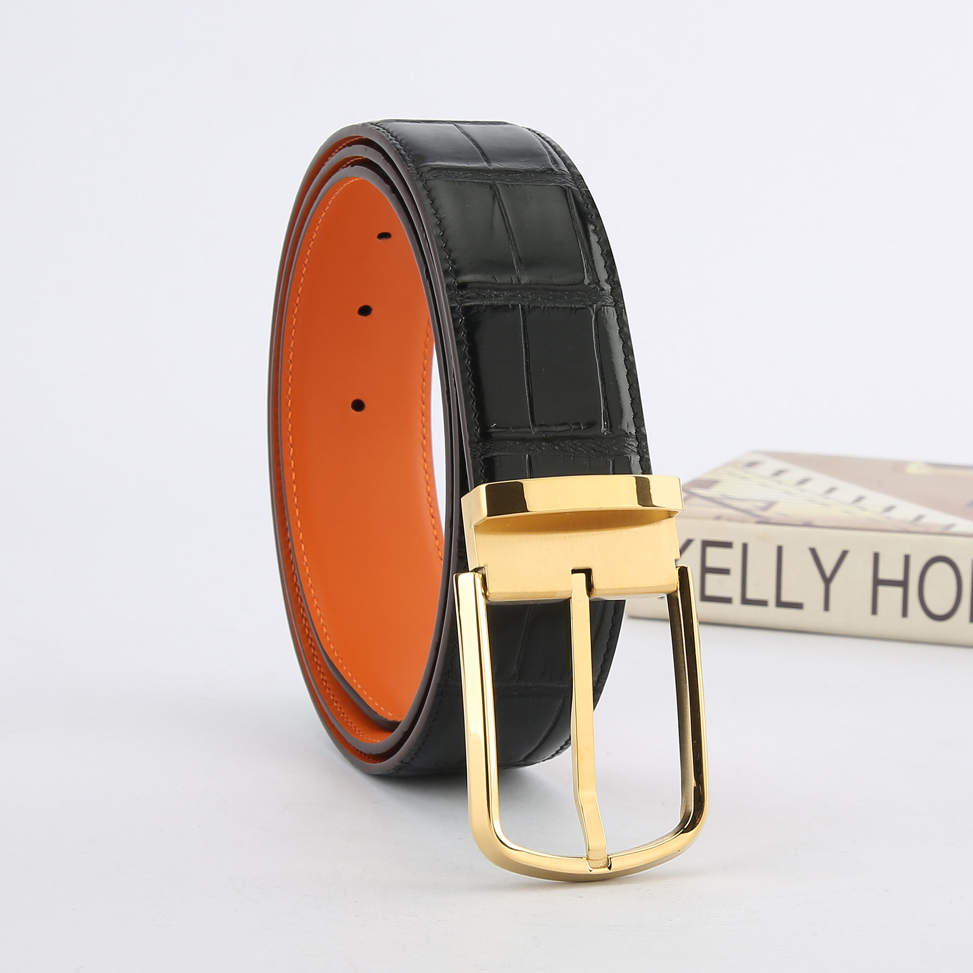Steel Buckle First Layer Cowhide Crocodile Texture Pin Buckle Belt Orange Bottom Versatile Belt