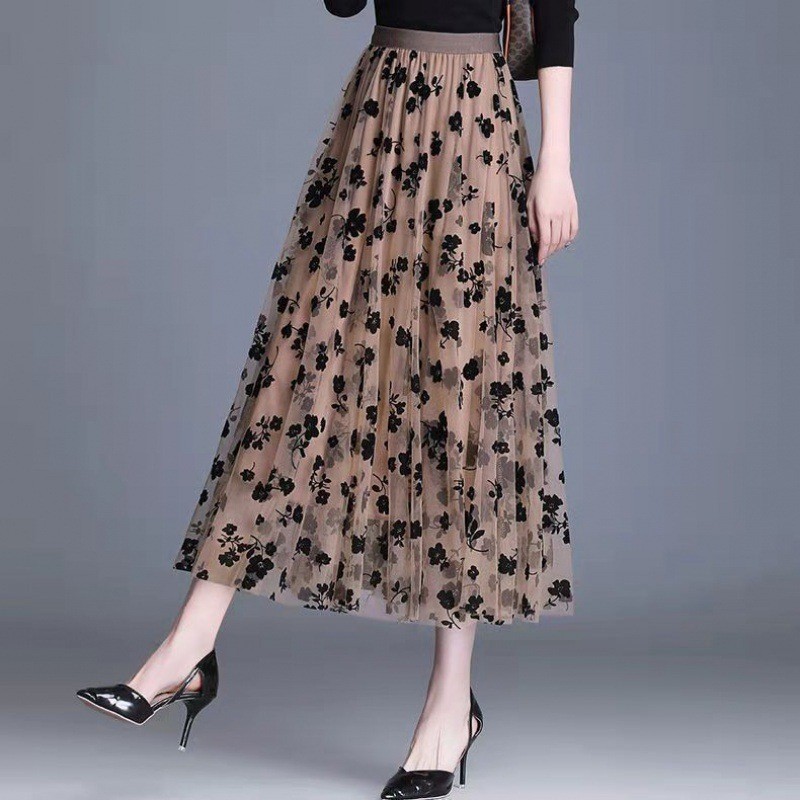 Picture of Double-sided Flocking Mesh Skirt Women's Slimming Mid-length New Spring High Waist A- line Skirt Pleated Skirt Large Swing