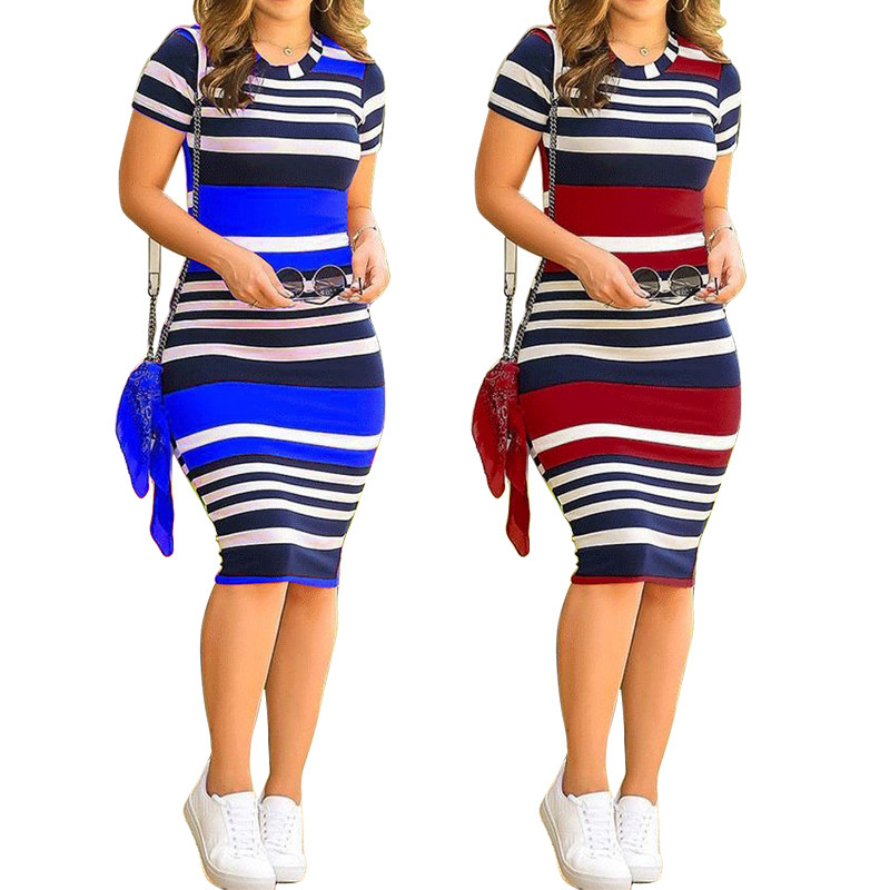 Amazon's Popular European and American Fashionable Casual Women's Summer New Round Neck Striped Dress in Stock