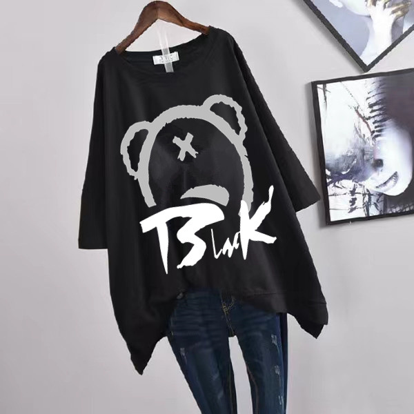 Picture of 100kg Plus Size Women's Summer Leaf Print Casual Slit Mid-Length Short Sleeve T-Shirt Loose Oversized Style