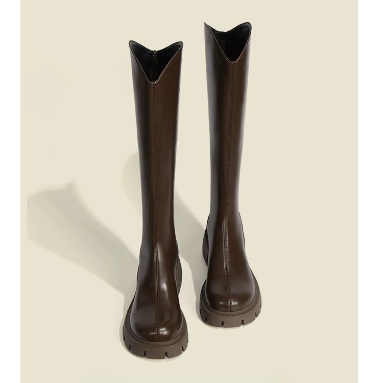 V-Mouth Long Boots Women's 2023 New Autumn and Winter Increased Thick Bottom High Boots Rider Boots Rice White Middle Heel