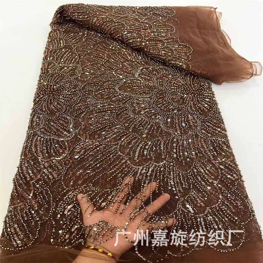 Picture of African large flower beaded tube sequin wedding dress fashion fabric 5yards African beaded lace