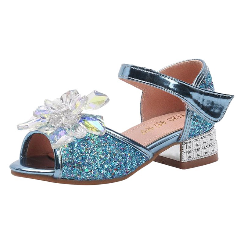 Foreign trade girls sandals 2024 summer new fish mouth hollow princess shoes sequins crystal flowers children high heels