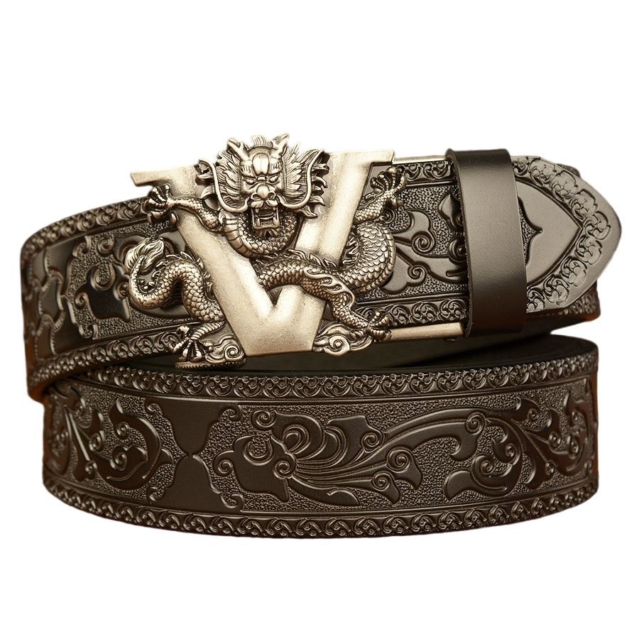 Aggressive Tang Grass Pattern Carved Men's Automatic Imitation Copper Buckle Belt Live Hot Selling V Dragon Silver Buckle Embossed Leather