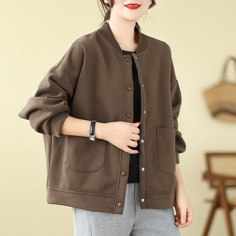 Real shot 2024 autumn new literary leisure loose plus size women's baseball uniform round neck slim sweater coat