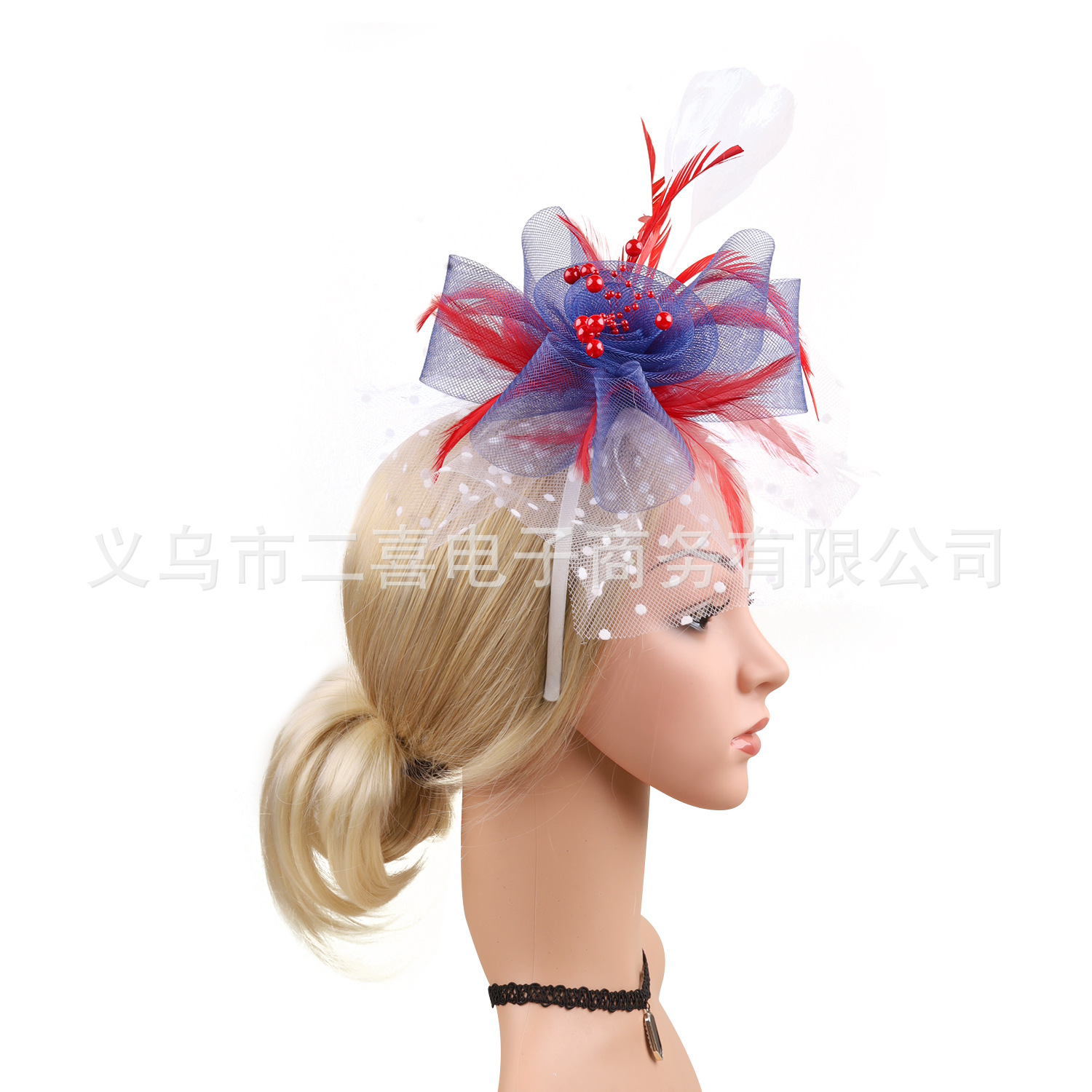 Picture of European and American Popular Amazon Feather Headdress Bridal Hair Accessories Mesh Top Hat Jockey Club Hair Accessories Hairpin Headband