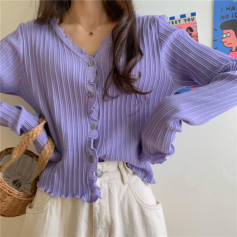 Picture of New Korean-style short bm thin top long-sleeved sweater women's purple V-neck slim-fit sunscreen cardigan Ice Silk
