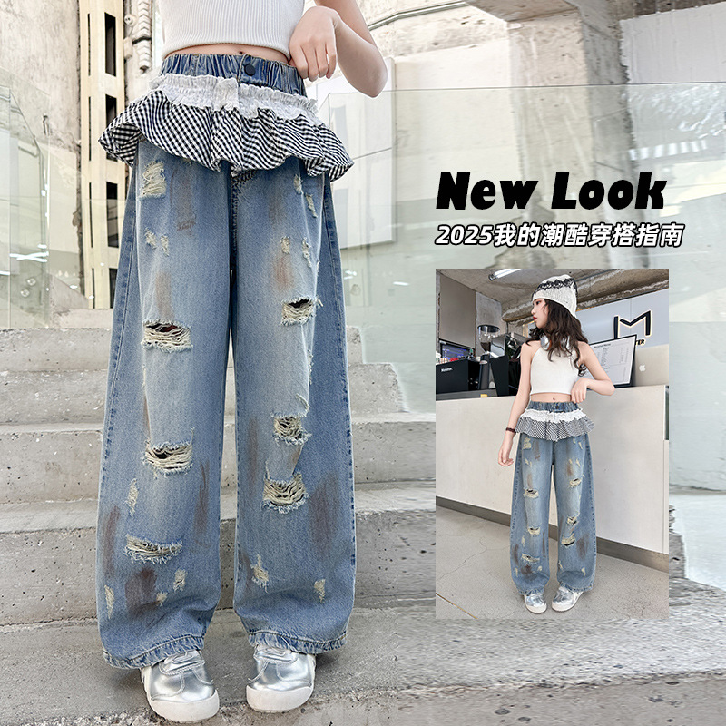 Girls' Jeans Summer 2025 New Retro Distressed Ripped Jeans Trendy Cool Wide-Leg Pants