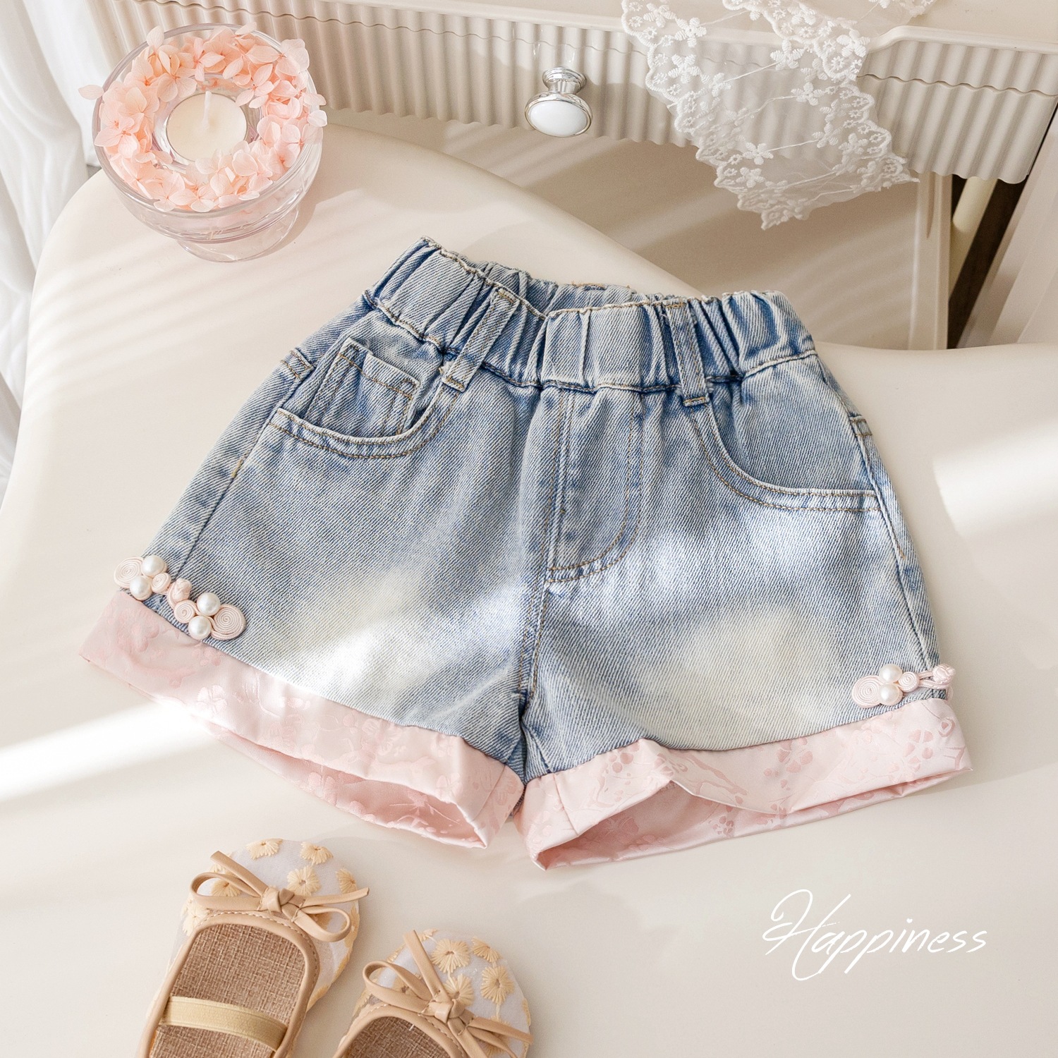 Girls' Chinese-style Shorts Fashionable Western-style Silk Jacquard Button Jeans Baby's Summer New All-match Hot Pants