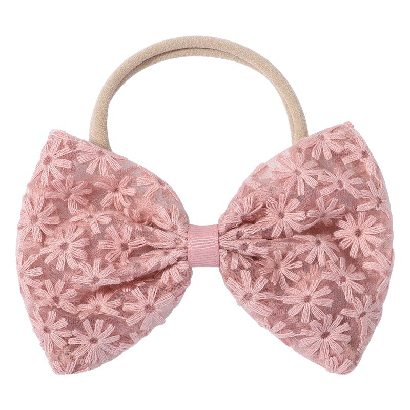 European and American children's lace bow nylon headband foreign trade girls elastic headdress solid color lace hair 2557