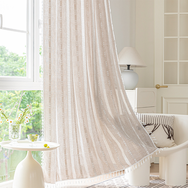 Picture of Cross-border exclusive for Nordic cotton and linen curtains multi-color solid color cotton and linen yarn semi-transparent bedroom living room floor curtains with yarn