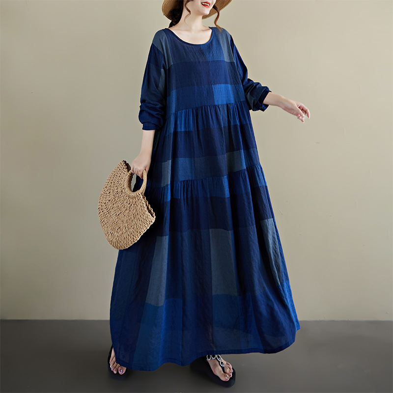 Fall 2025 New Women's Plus Size Crew Neck Loose Long Sleeve Pleated Skirt Mom Outfit Bohemian Foreign Trade Skirt
