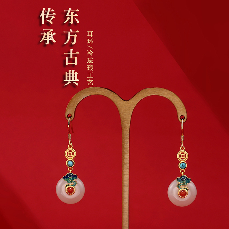 Brand New Inlaid Hetian Jade White Jade Peace Buckle Earrings Retro Literary Elegant Chinoiserie Retro National Style Earrings