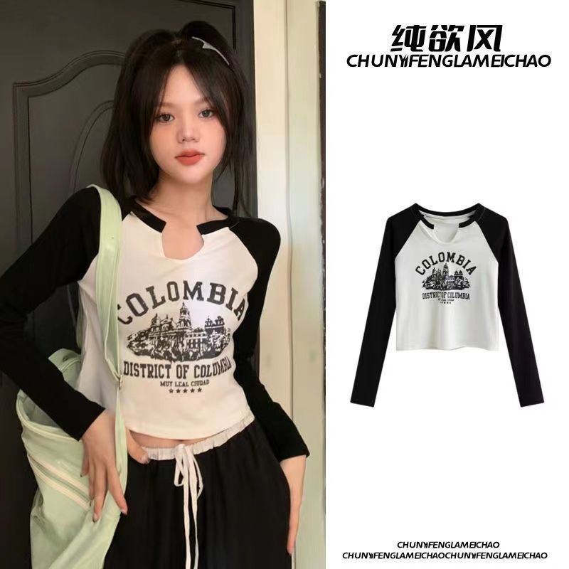 Autumn New Small V-neck Contrast Color Letter Printing Long-sleeved Short T-shirt Women's Base Shirt Top Long-sleeved Ins Trendy