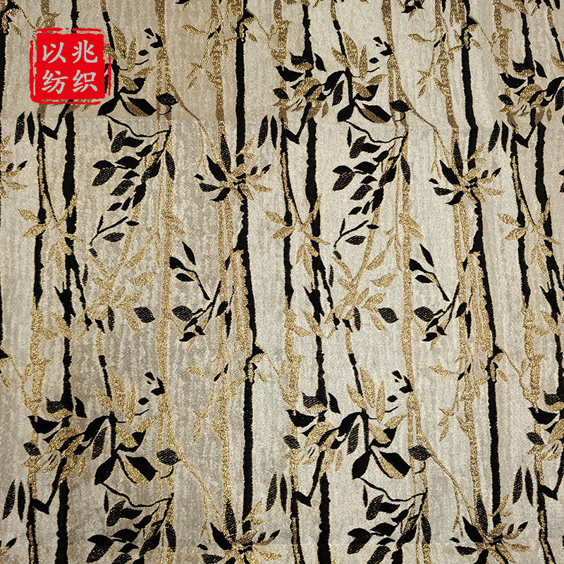 Black Gold Silk Bamboo Leaf Embossed with Gray White Bottom Retro Court Style Women's Wear Rigid Fabric Autumn and Winter dress Decorative Cloth