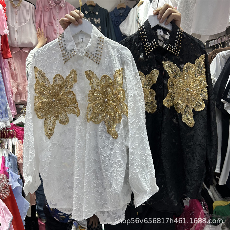 European and American Heavy Industry Design Sense POLO Collar Beaded Shirt Women's Flower Diamond Loose Niche Elegant Shirt Tide