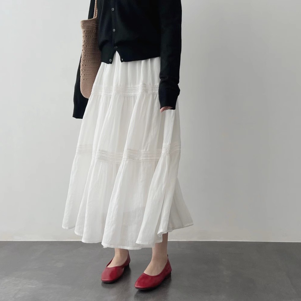 Small fresh. Dongting 100 Ramie Lace Stitching A- shaped Slim Cake Skirt Mid-length Summer New