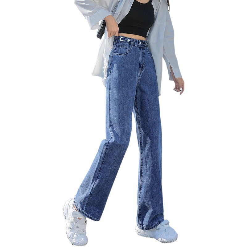Vintage High Waist Jeans Women's 2022 Early Spring New Arrival Adjustable Waist Wide Leg Trousers Loose Straight Floor Trousers
