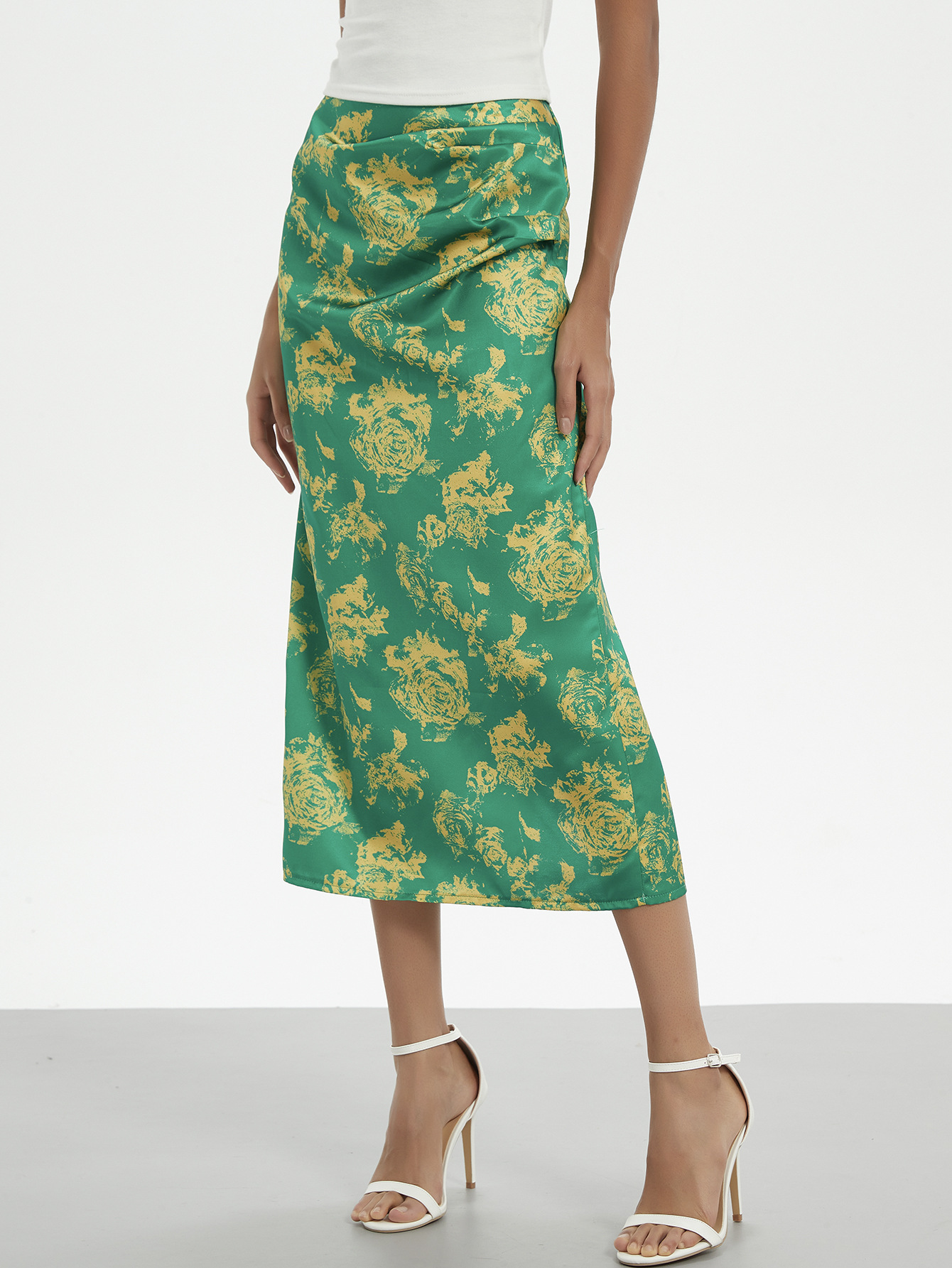 Cross-border women's clothing wholesale European and American style printed skirt pleated high waist slim hip mid-length skirt split overskirt