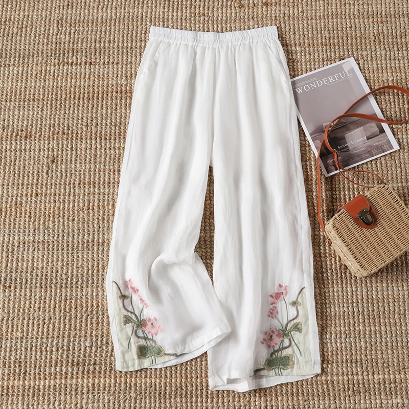 Women's Summer National Style Vintage Color-block Embroidery Chinese Casual Wide-leg Pants Breathable High Waist Slimming Casual Pants Trousers