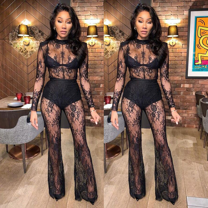 European and American Cross-Border Aliexpress Ebay Amazon Popular Lace See-Through Sexy Nightclub Large Size Jumpsuit