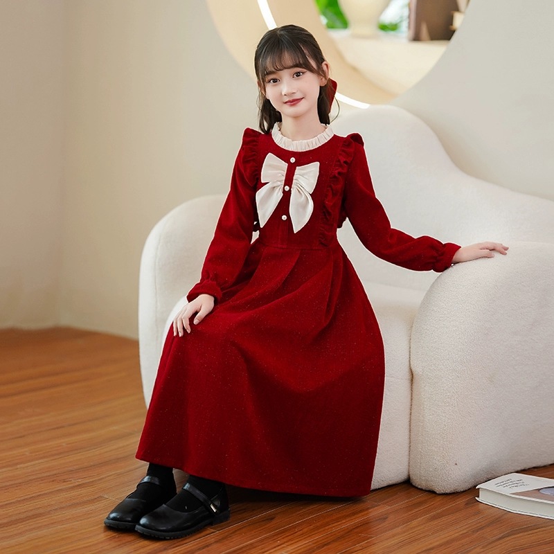 Girls dress Winter New Little Girl Stylish Princess Long Dress Autumn Children's Red Dress Skirt Winter Dress