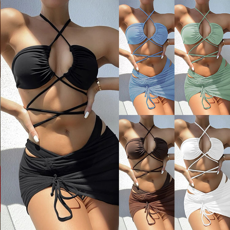 2022 new European and American sexy multi-color women's split swimsuit solid color three-piece Bikini Bikini women's swimsuit