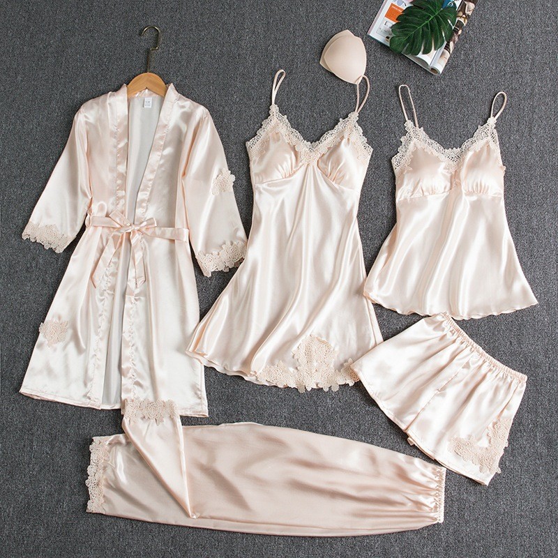 Picture of Pajamas Women's Summer Ice Silk Sexy Hot Home Clothes Spring and Autumn Long Sleeve Thin plus size Cross-border Five-piece suit Bathrobe