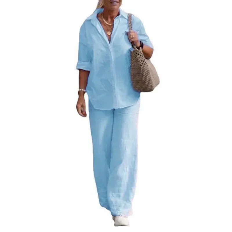 Picture of European and American Cross-Border Women's Two-Piece Set for Women 2024 Lapel Long-Sleeved Shirt Spring and Autum Casual Pure Color Pants Wide-Leg Suit