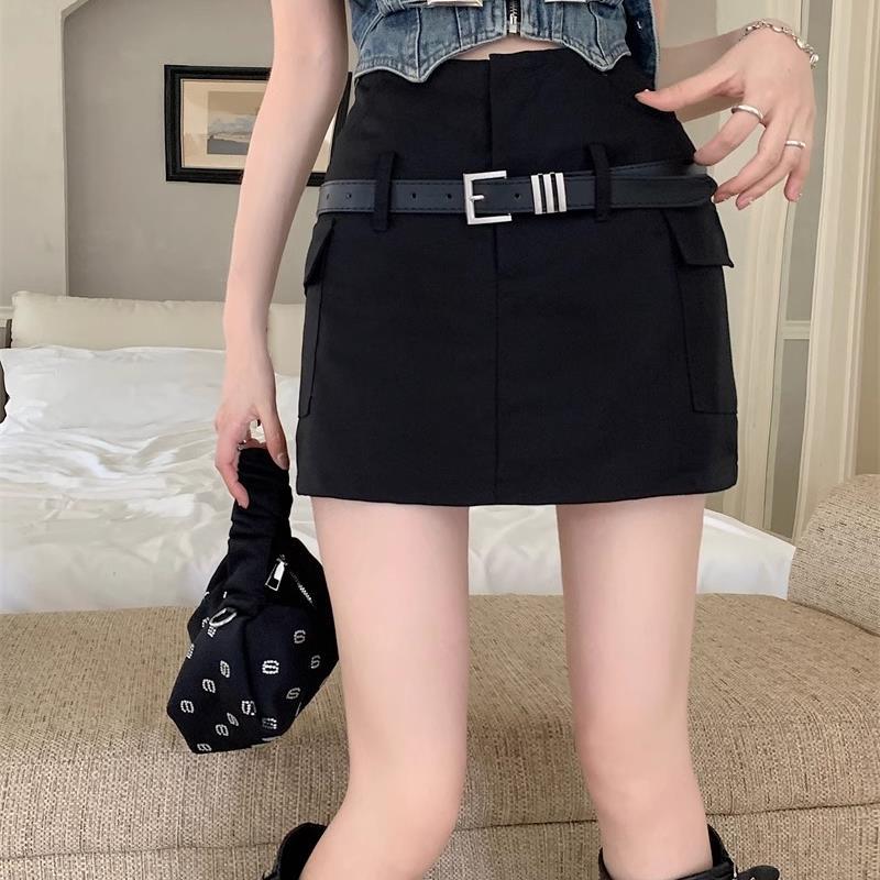 European and American Spice Girl High Waist Short Skirt Hip Skirt Belt Decorative Pocket Workwear Anti-Drain Safety Pants Small Skirt
