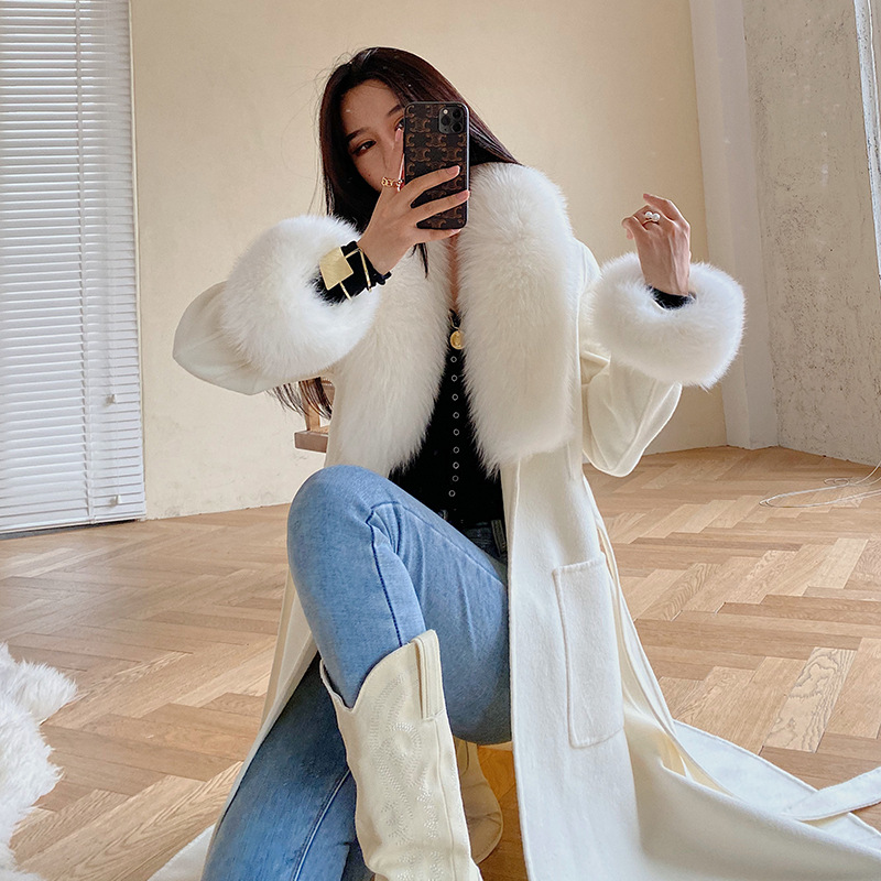 Picture of Australian wool double-sided cashmere three-dimensional skirt fox fur collar mid-length slim-fit princess pink woolen coat all-match