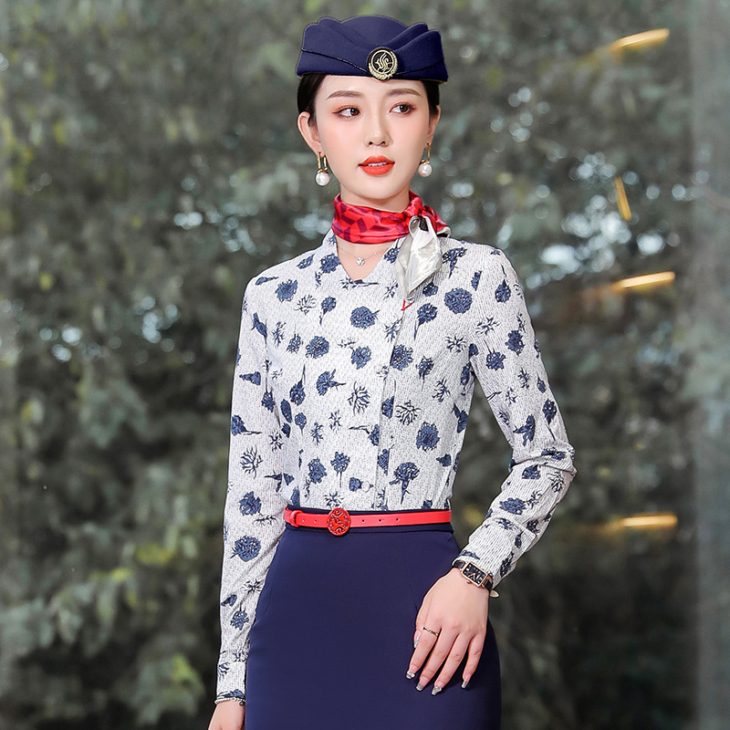 Picture of Factory New Summer Fashion Work Shirt Women's Short-Sleeved Printed Retro Stewardess Professional Shirt Hotel Meal Source Factory