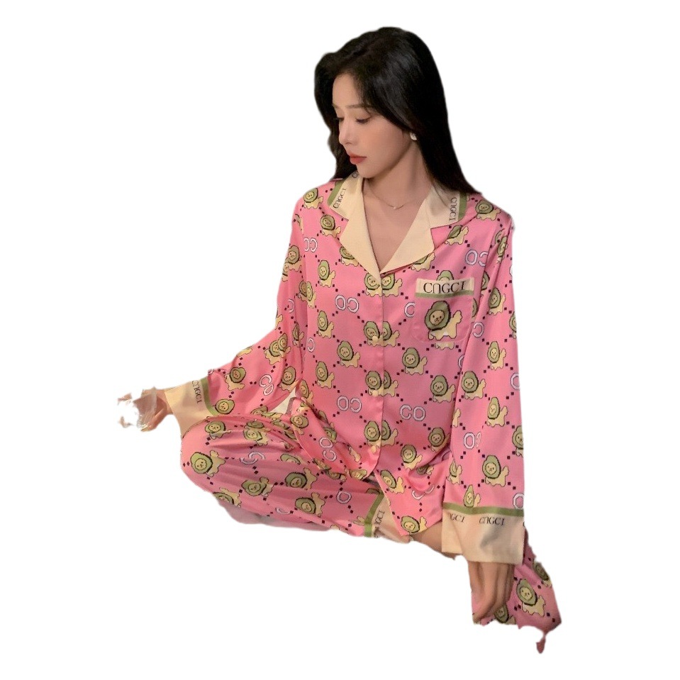 2024 New Spring Ice Silk thin pajamas women's sweet cute cardigan long sleeve cartoon home wear can be worn outside