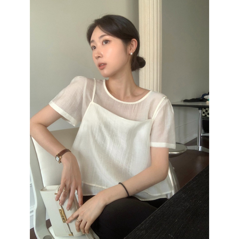 Korean Chic Summer French Gentle Style Round Neck Layered Design Two-Piece Puff Sleeve Textured Chiffon Top