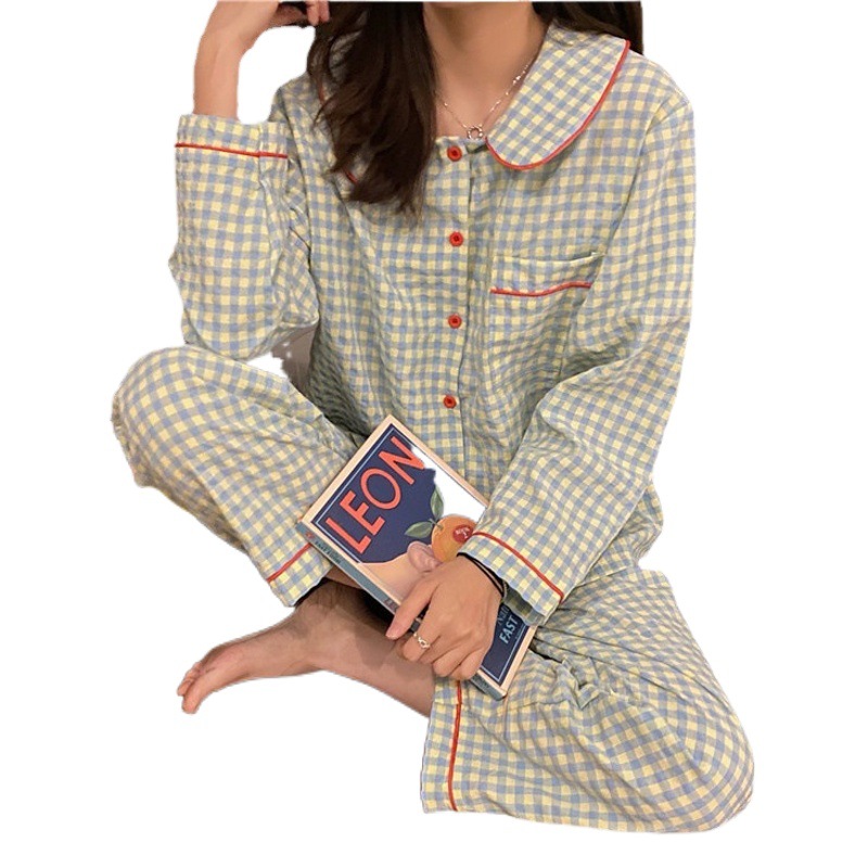 Internet Popular ins Pajamas Women's Doll Collar Plaid Korean Style Spring and Autumn Sweet Double Long Suit Home Clothes Women's Hair