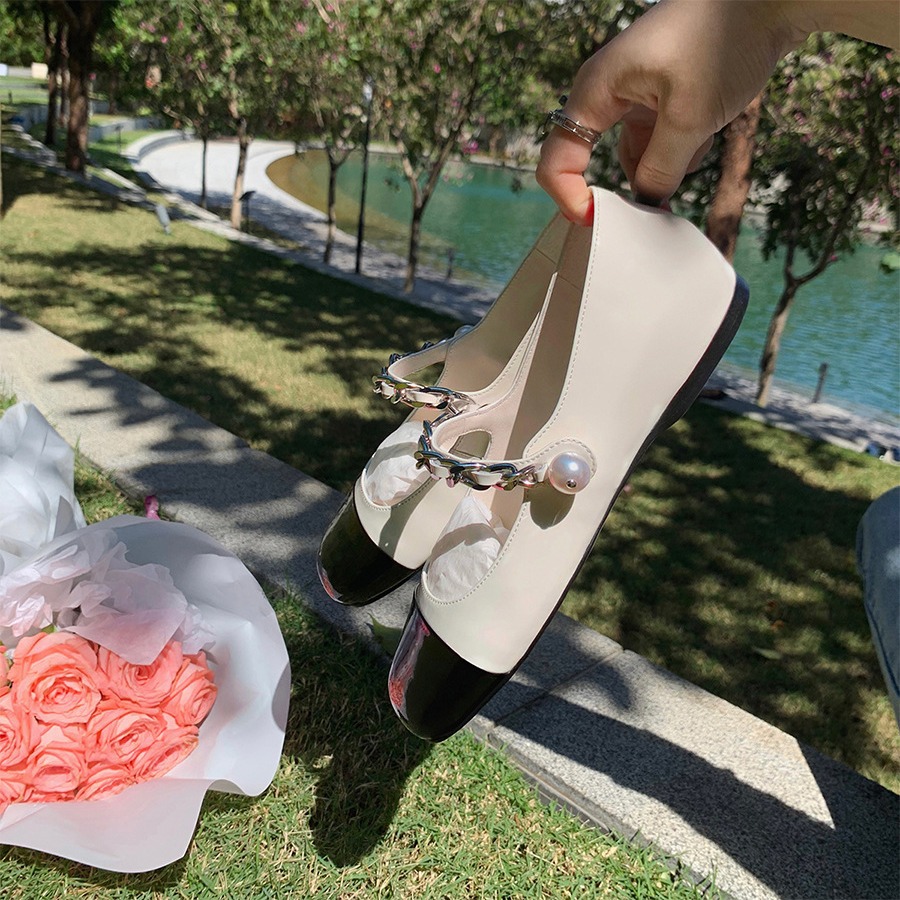 832 Huidong Yixinda Round Toe French Flats Shoes Pearl Mary Jane Women's Shoes Spring & Fall New High-Bottom Style