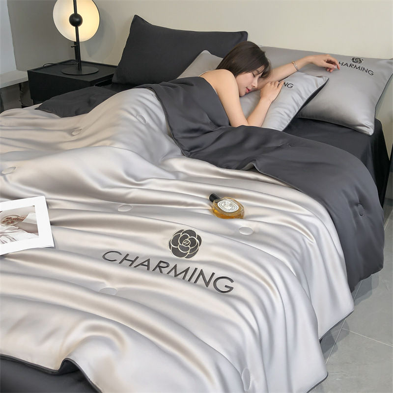 Picture of Washed Ice Silk Summer Quilt Four-piece Solid Color Embroidered Cool Air Conditioned Quilt Summer Gift Summer Quilt Summer Thin Quilt